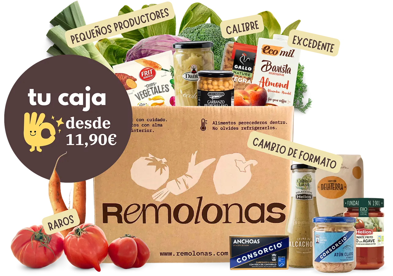 Caja Remolonas con frutas, verduras y productos de despensa